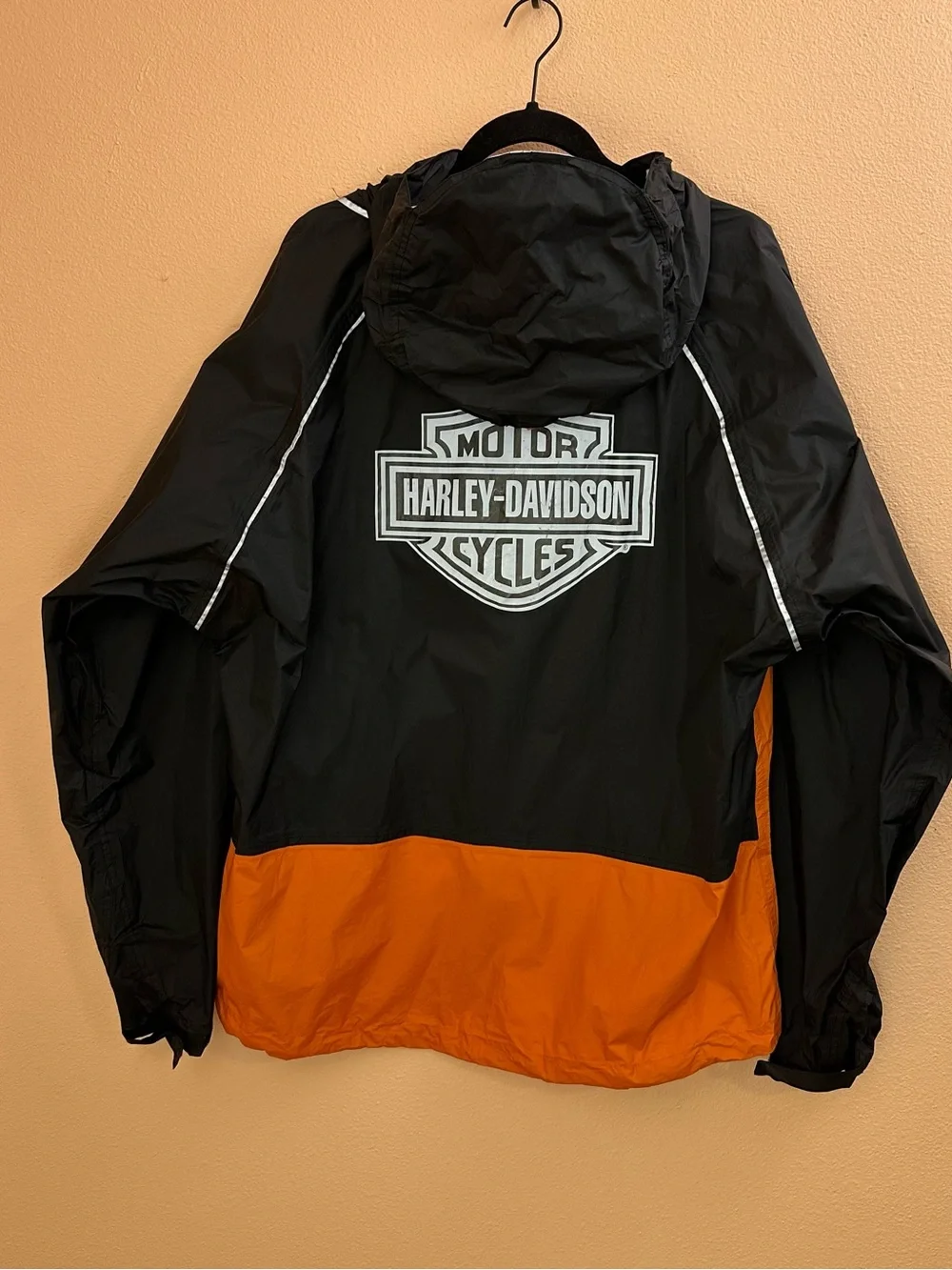 Harley-Davidson Canal Street Rain Jacket Mens L Black Orange Packable Biker Moto